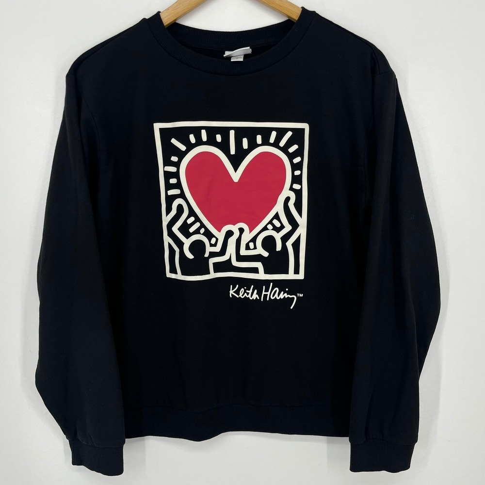 Keith Haring Radiant Heart Graphic Sweatshirt Black Pop Art Crewneck Size Medium